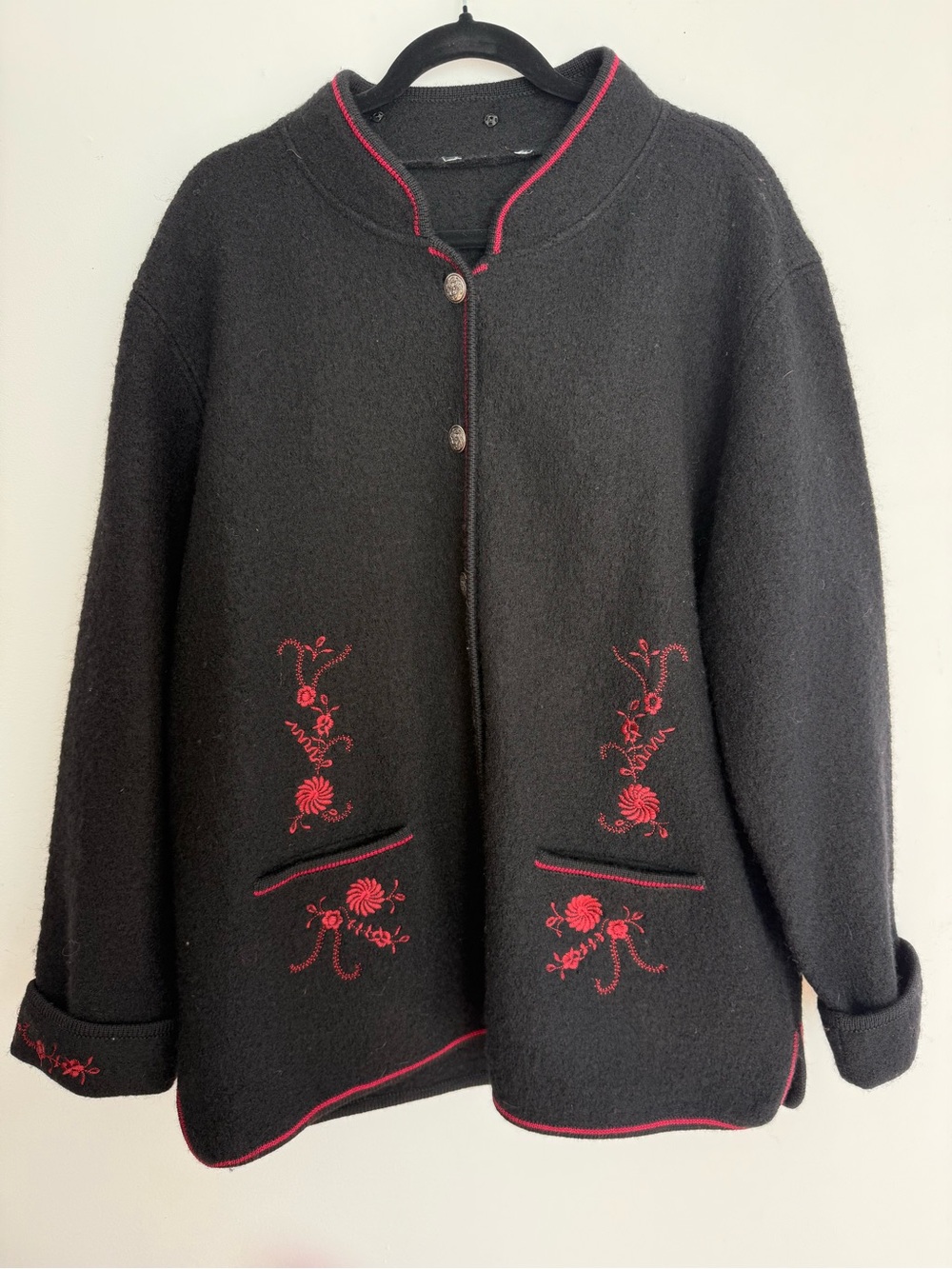 Black Jacket with Red Embroidery - Women's Coat